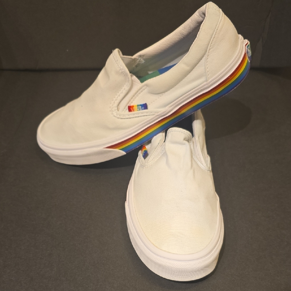 Vans Kids White Slip-On Sneakers with Rainbow Trim